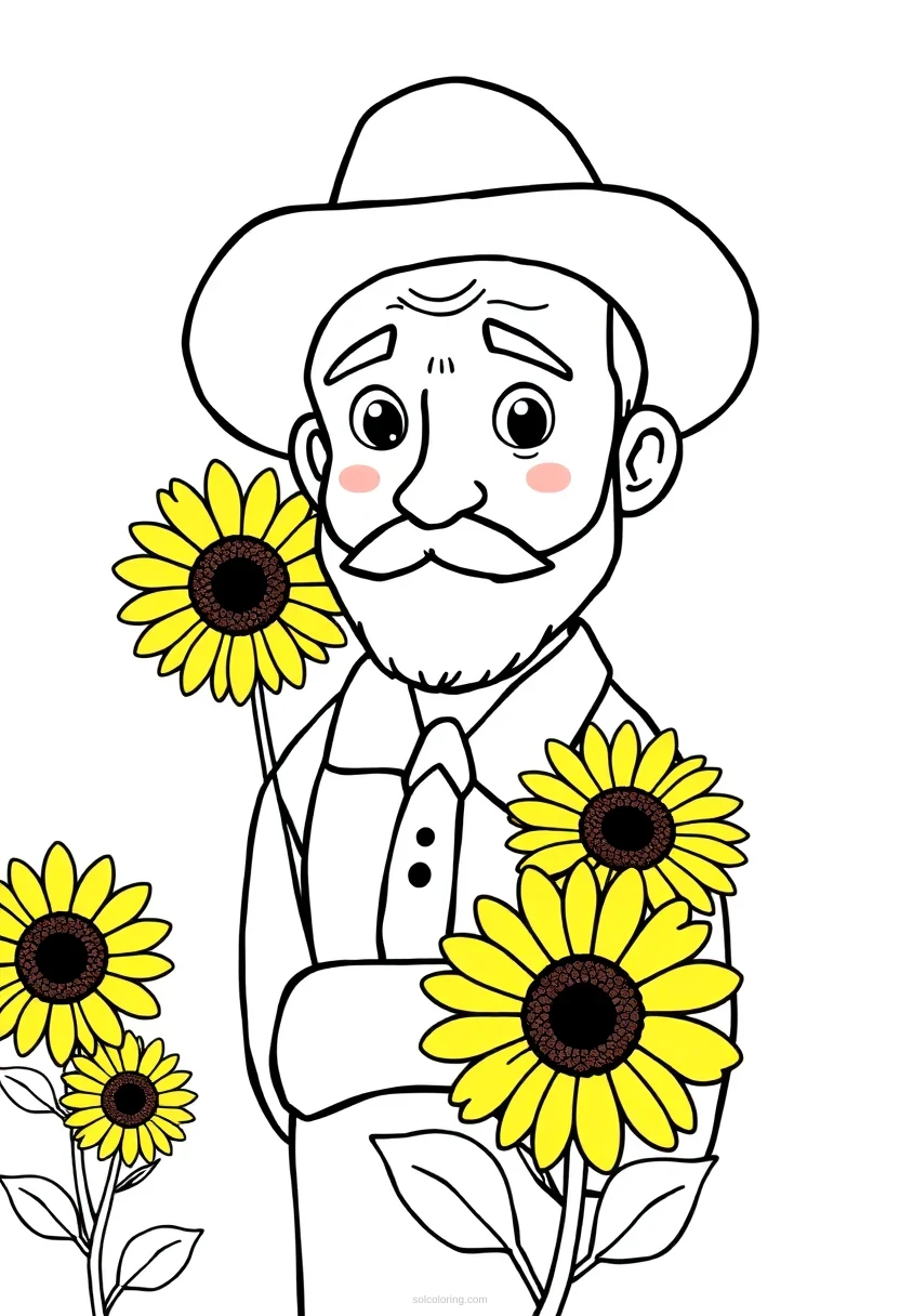 Vincent van Gogh with Sunflowers coloring page for kids