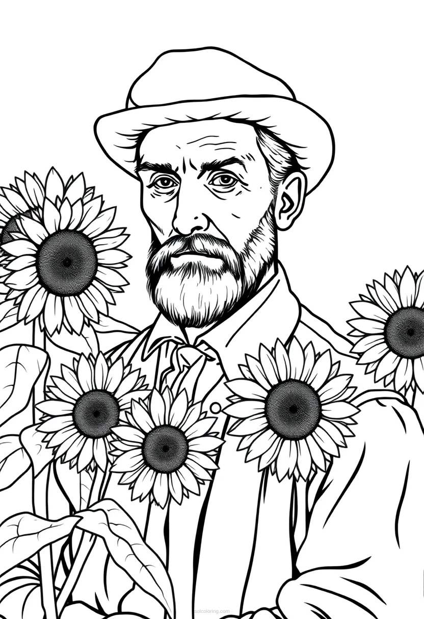 Vincent van Gogh with Sunflowers coloring page for kids