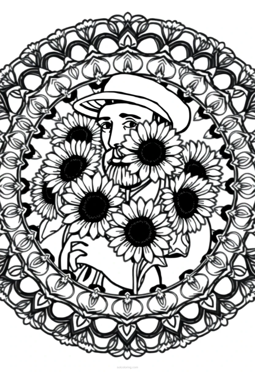 Vincent van Gogh with Sunflowers coloring page for kids