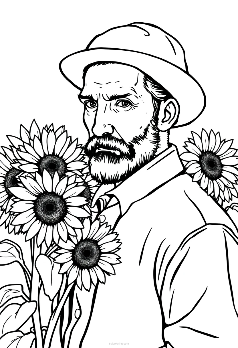 Vincent Van Gogh With Sunflowers coloring pages