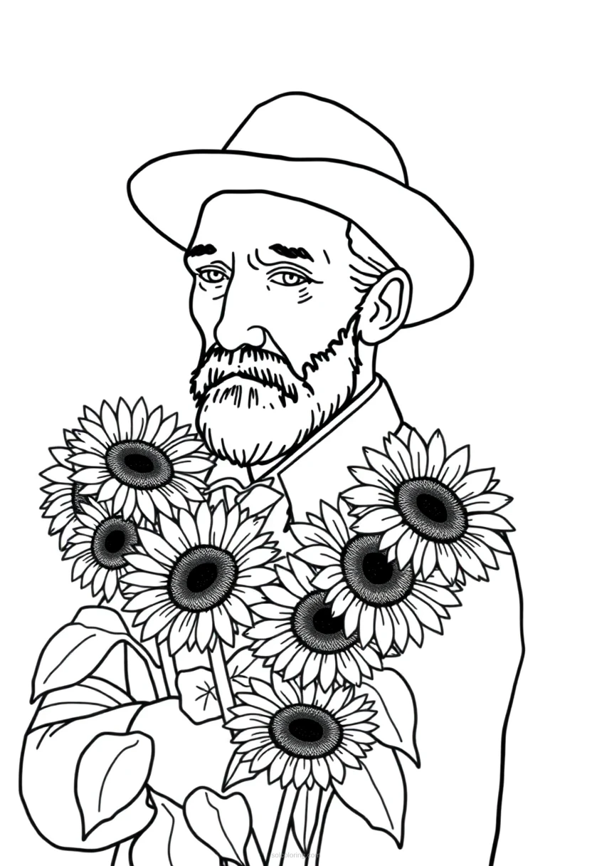 Vincent van Gogh with Sunflowers coloring page for kids