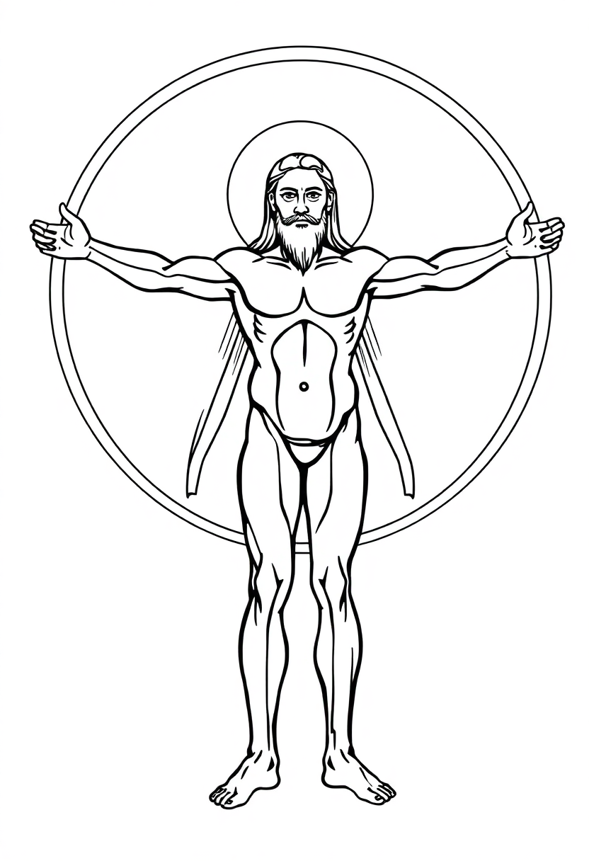 Vitruvian Man Drawing coloring page, free printable standard style for kids and adults