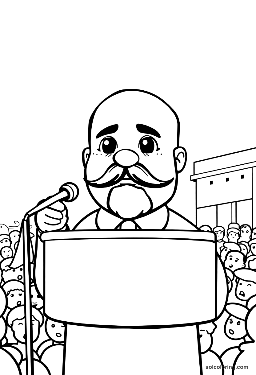 Cute Cartoon Vladimir Lenin Addressing the Crowd in Petrograd coloring page, free printable cute cartoon style