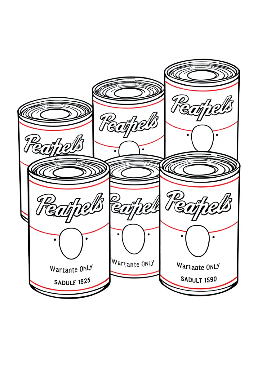 Warhol Pop Art Soup Cans coloring page showing Campbell's soup can in cute chibi style with bold black outlines