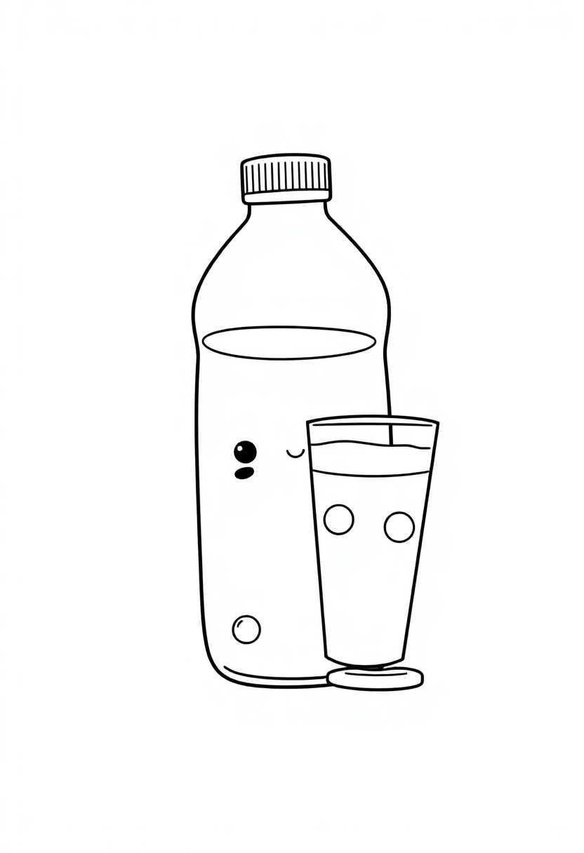 Water Bottle and Glass coloring page, free printable