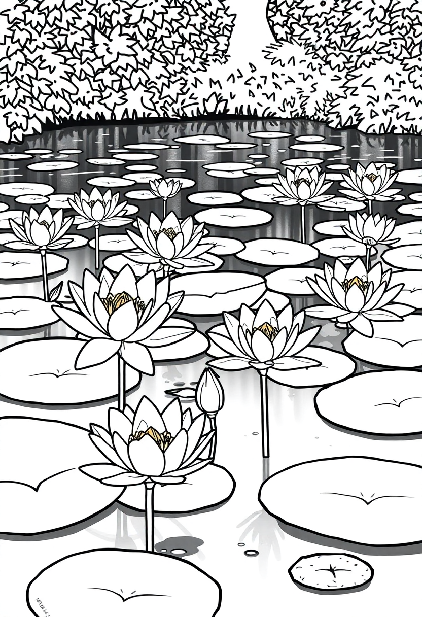 Water Lilies Pond Scene coloring page, free printable
