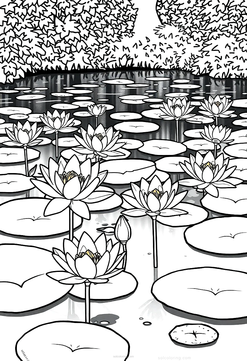 Water Lilies Pond Scene coloring page for kids