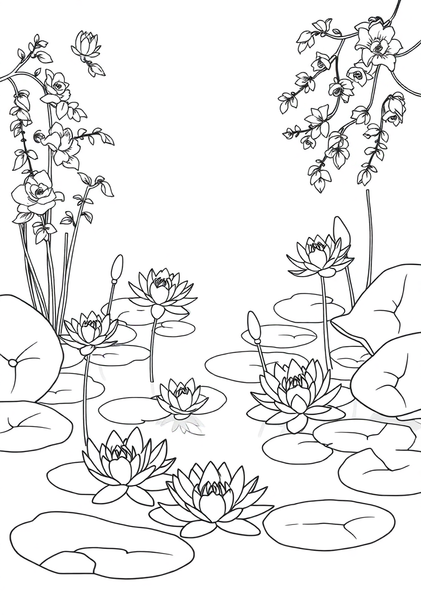 Water Lilies Pond Scene coloring page, free printable