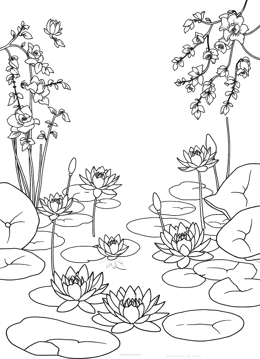 Water Lilies Pond Scene coloring page for kids