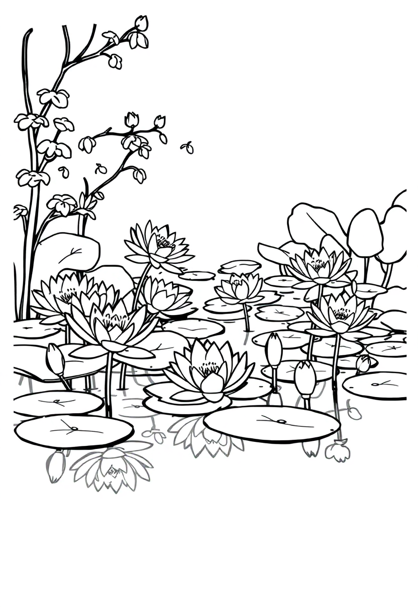 Water Lilies Pond Scene coloring page, free printable