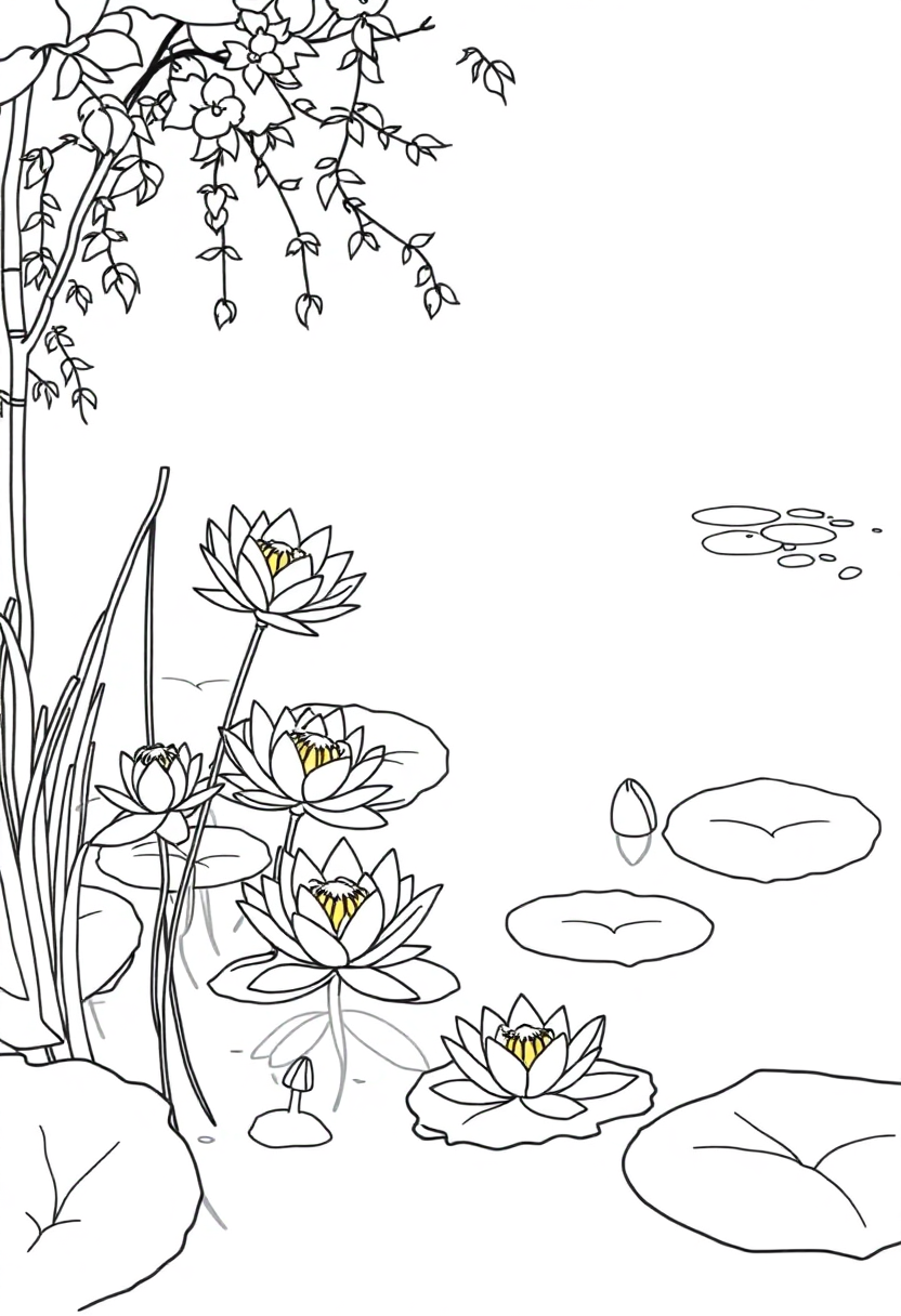 Water Lilies Pond Scene coloring page, free printable