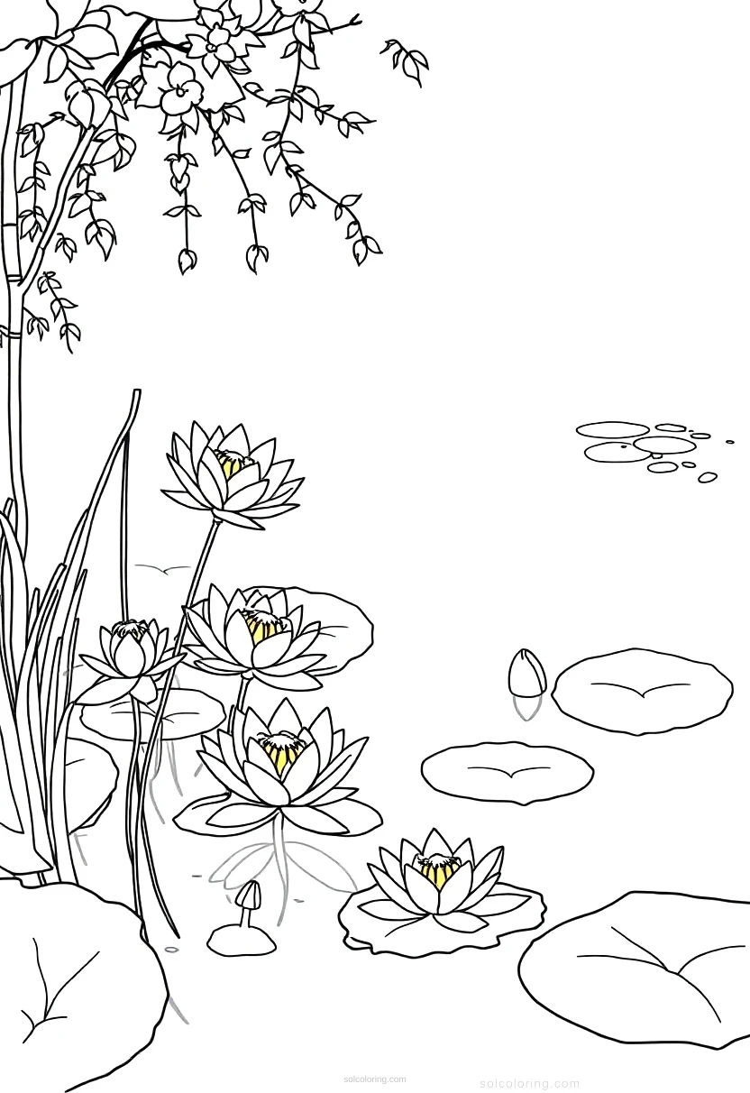 Water Lilies Pond Scene coloring page for kids