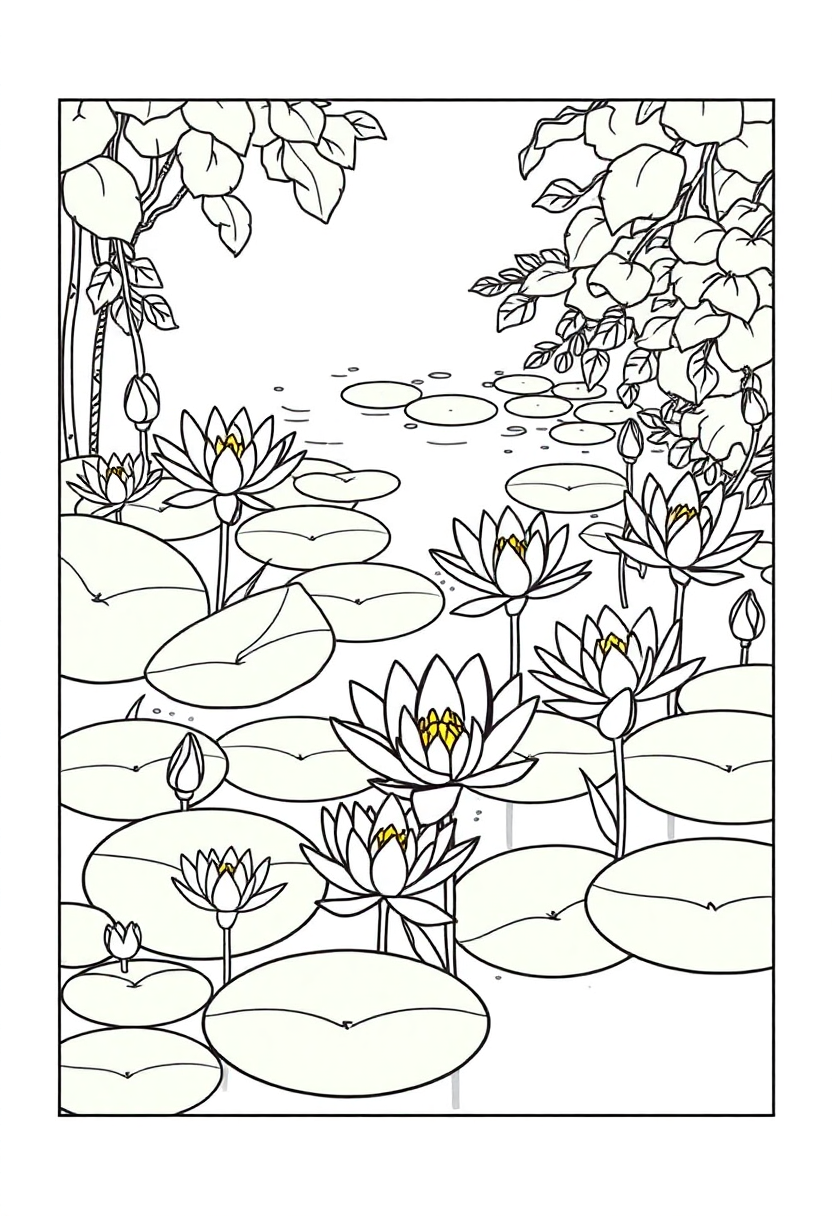 Water Lilies Pond Scene coloring pages