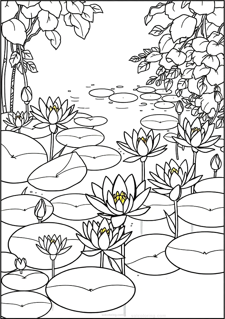 Water Lilies Pond Scene coloring pages