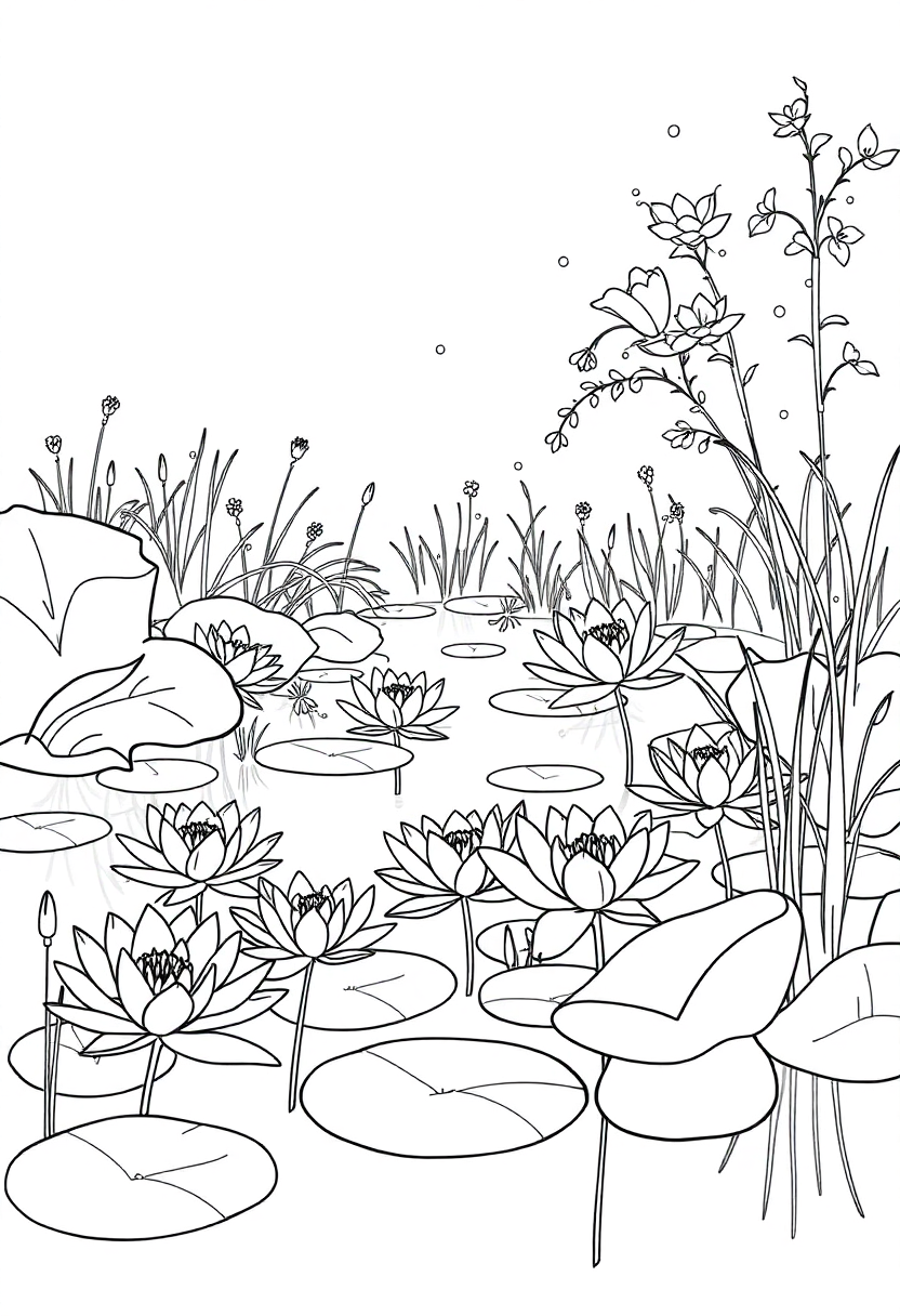 Water Lilies Pond Scene coloring page, free printable