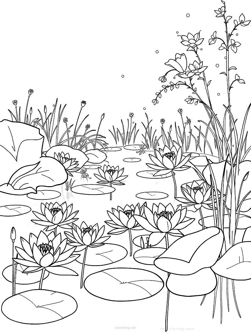 Water Lilies Pond Scene coloring page for kids