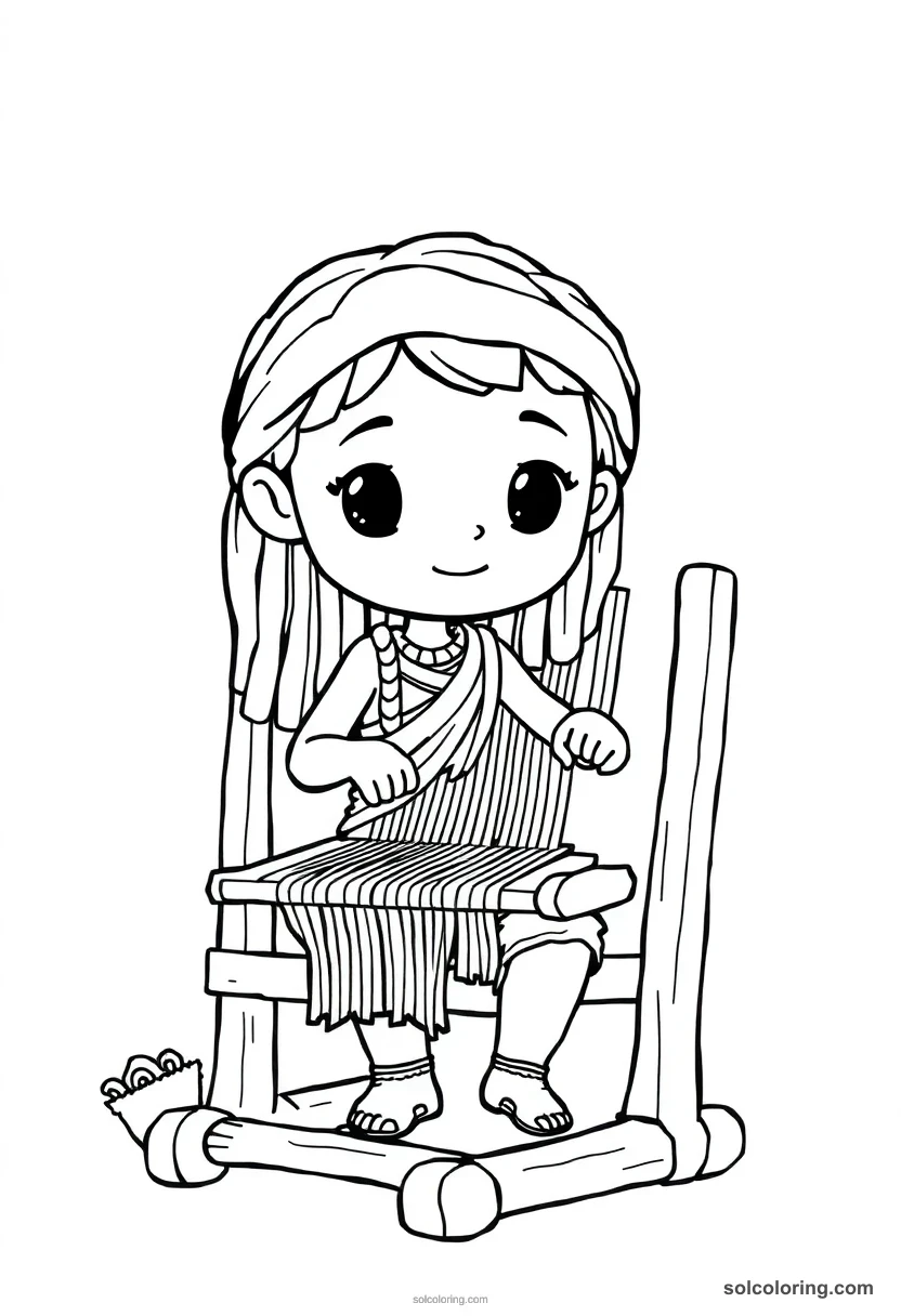 Chibi Weaver at an Upright Loom chibi coloring page for kids