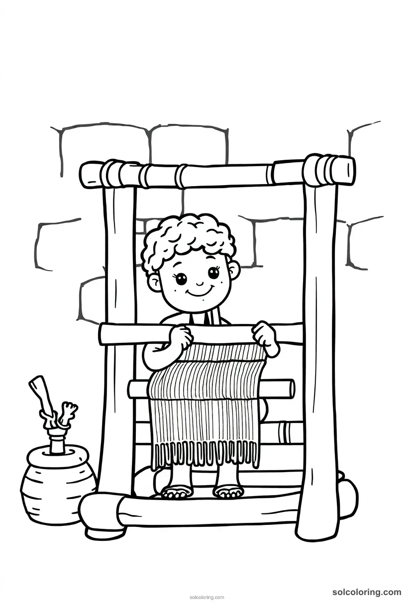 Cute Cartoon Weaver at an Upright Loom cute cartoon coloring page for kids