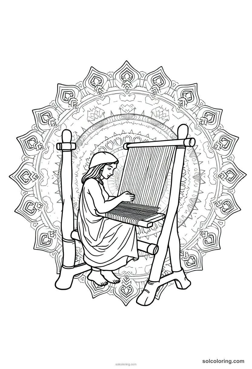 Mandala Weaver at an Upright Loom mandala coloring page for kids