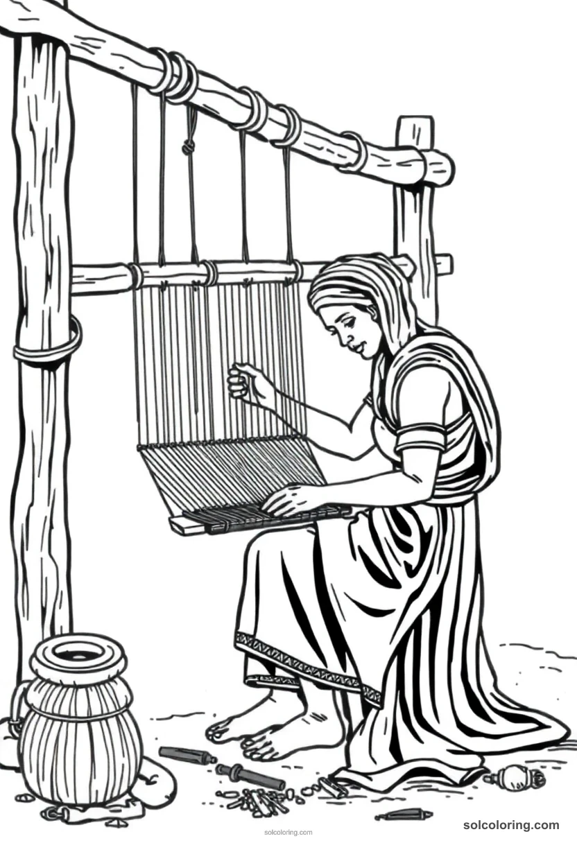 Weaver At An Upright Loom coloring pages