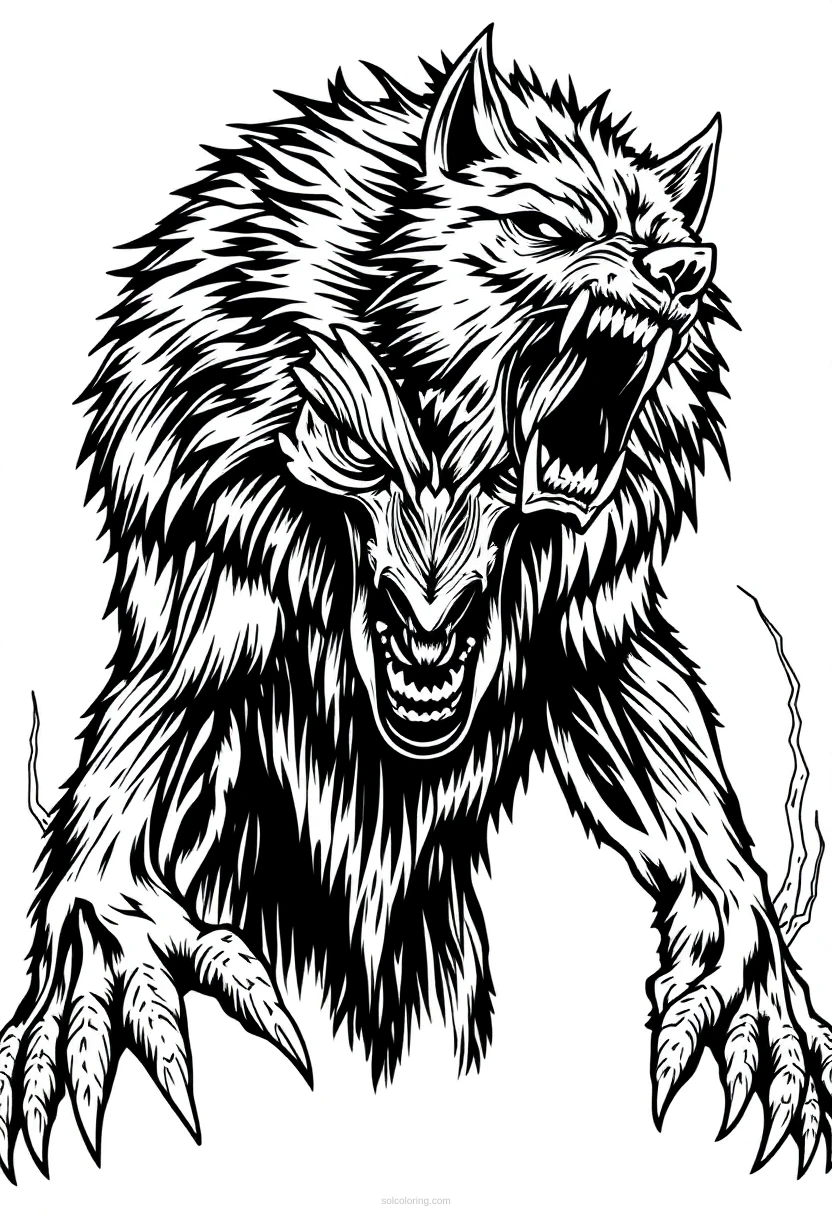 Werewolf Transformation coloring page for kids