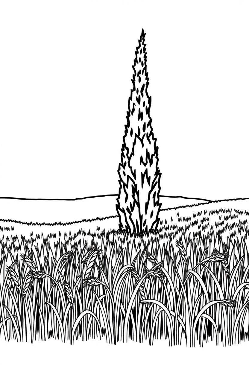 Wheat Field with Cypress coloring page, free printable