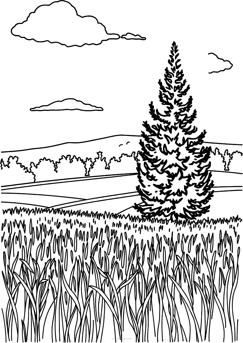 Wheat Field with Cypress coloring page for kids