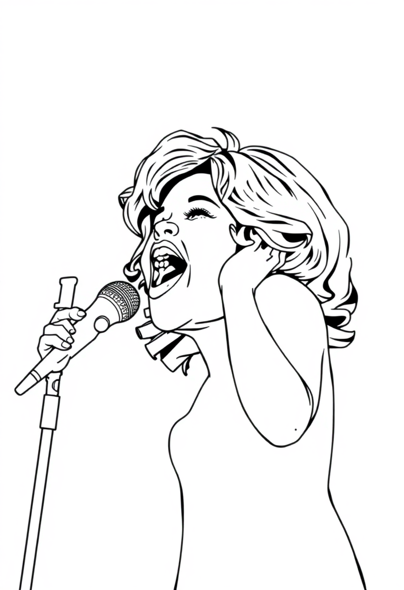 Whitney Houston singing coloring page showing chibi-style music icon with microphone and bold outlines for easy coloring