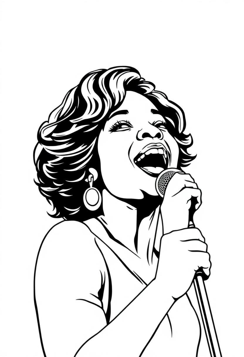 Whitney Houston Singing coloring page, free printable