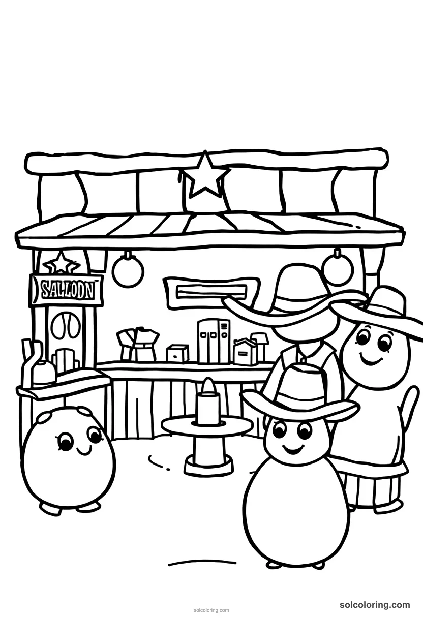 Cute Cartoon Wild West Saloon Scene cute cartoon coloring page for kids