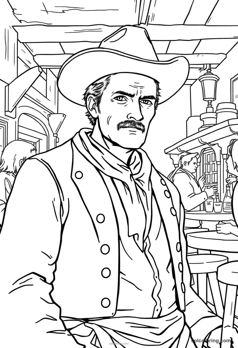 Wild West Saloon Scene detailed coloring page for kids