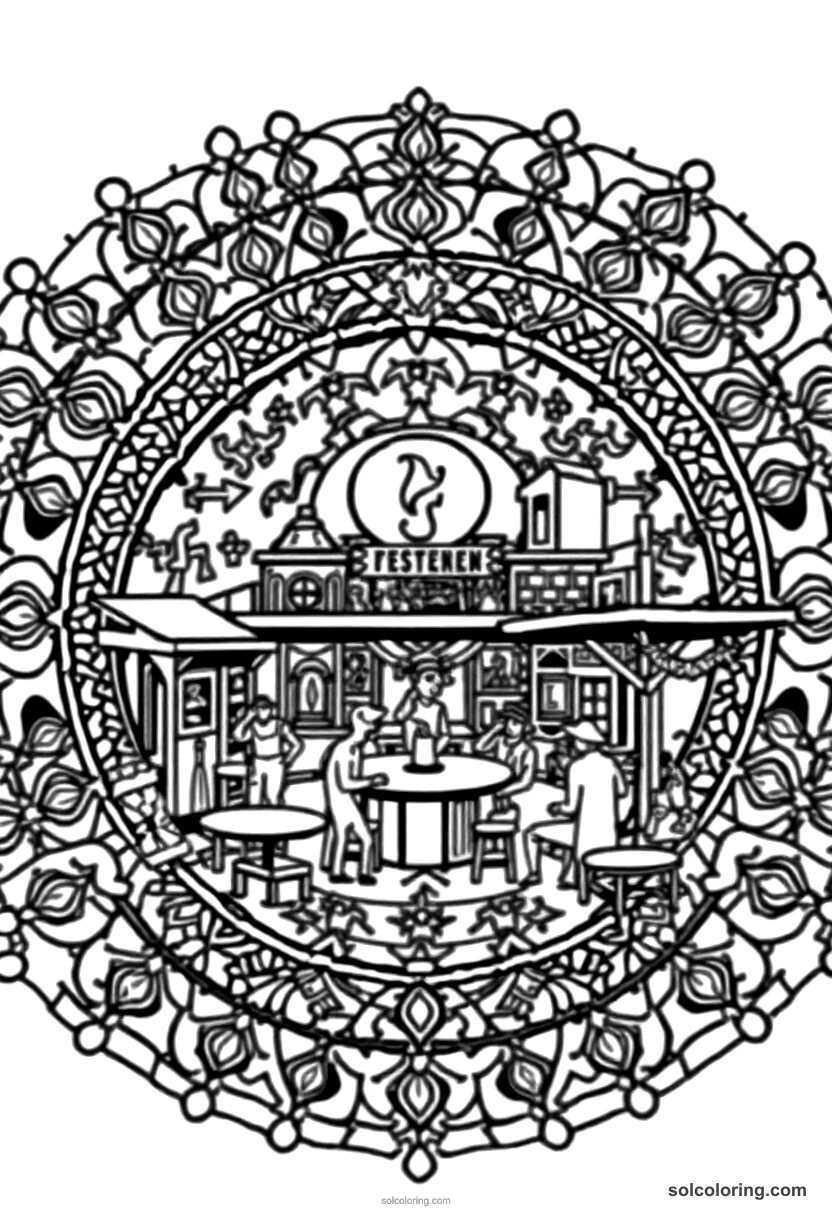 Mandala Wild West Saloon Scene mandala coloring page for kids