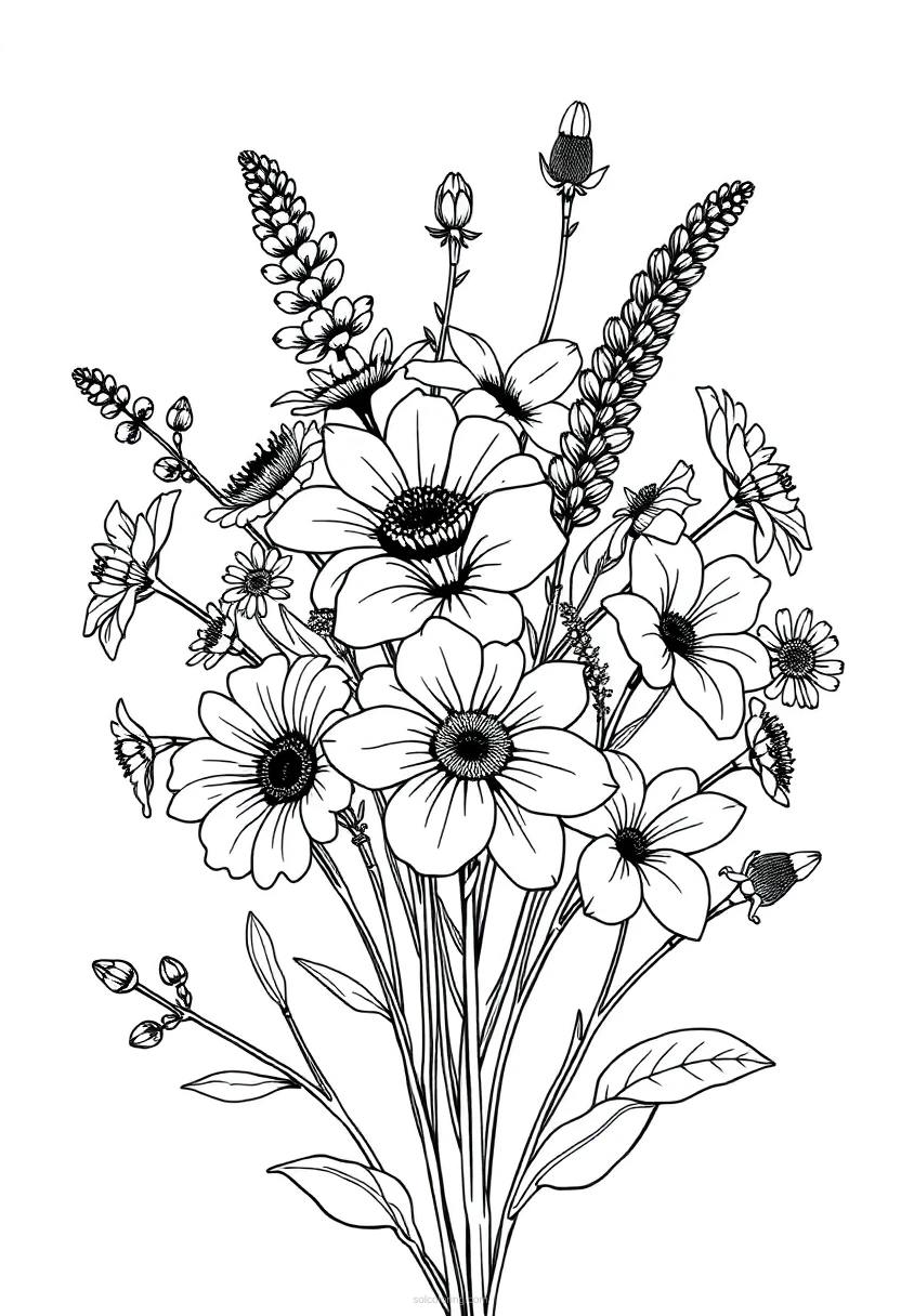 Wildflower Bouquet coloring page for kids