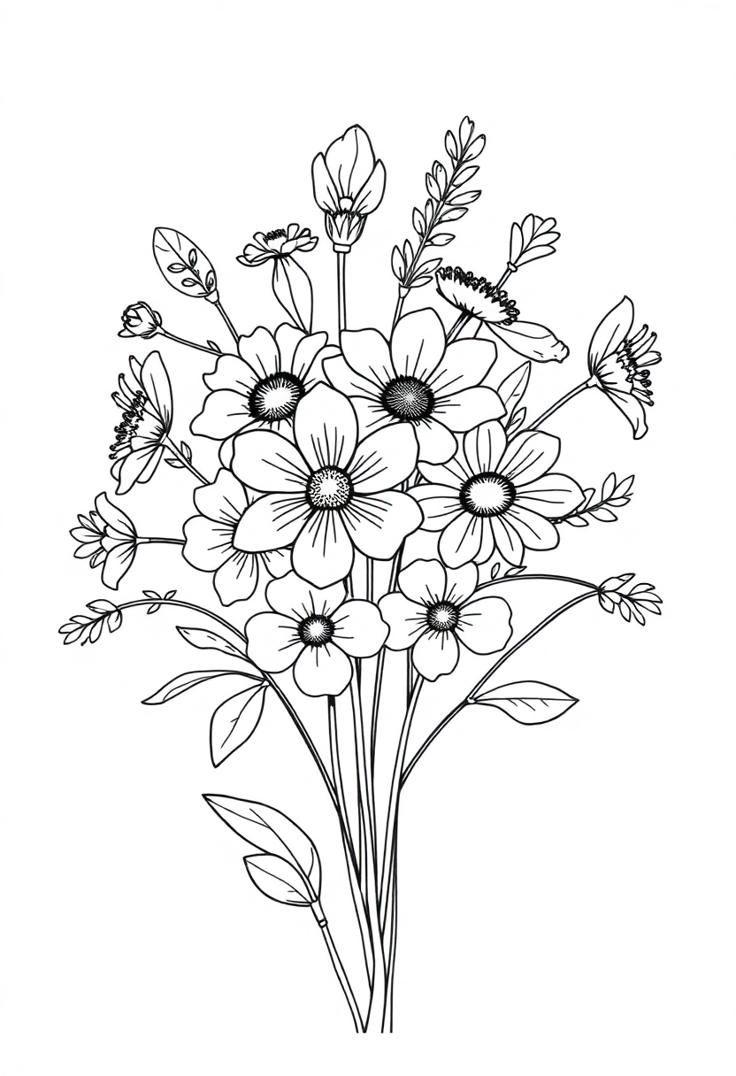 Wildflower Bouquet coloring page, free printable