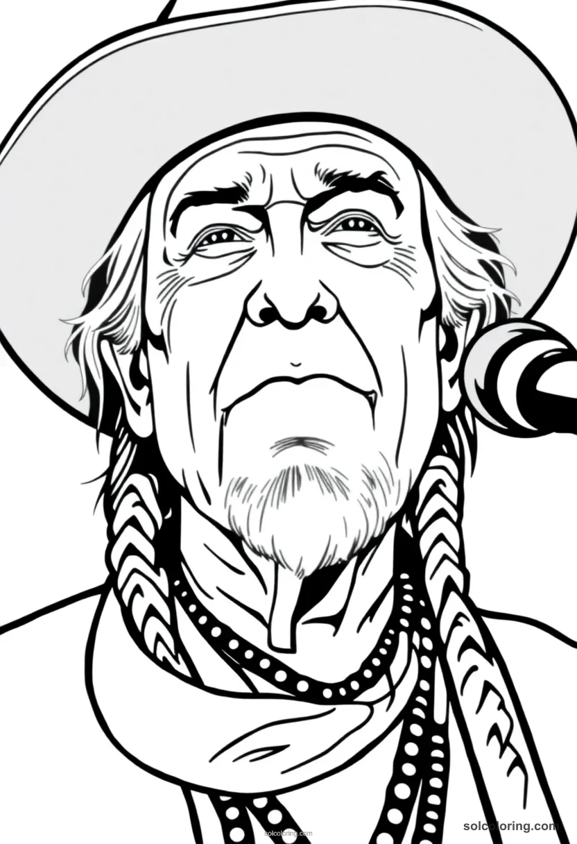 Willie Nelson illustrated portrait coloring page for kids