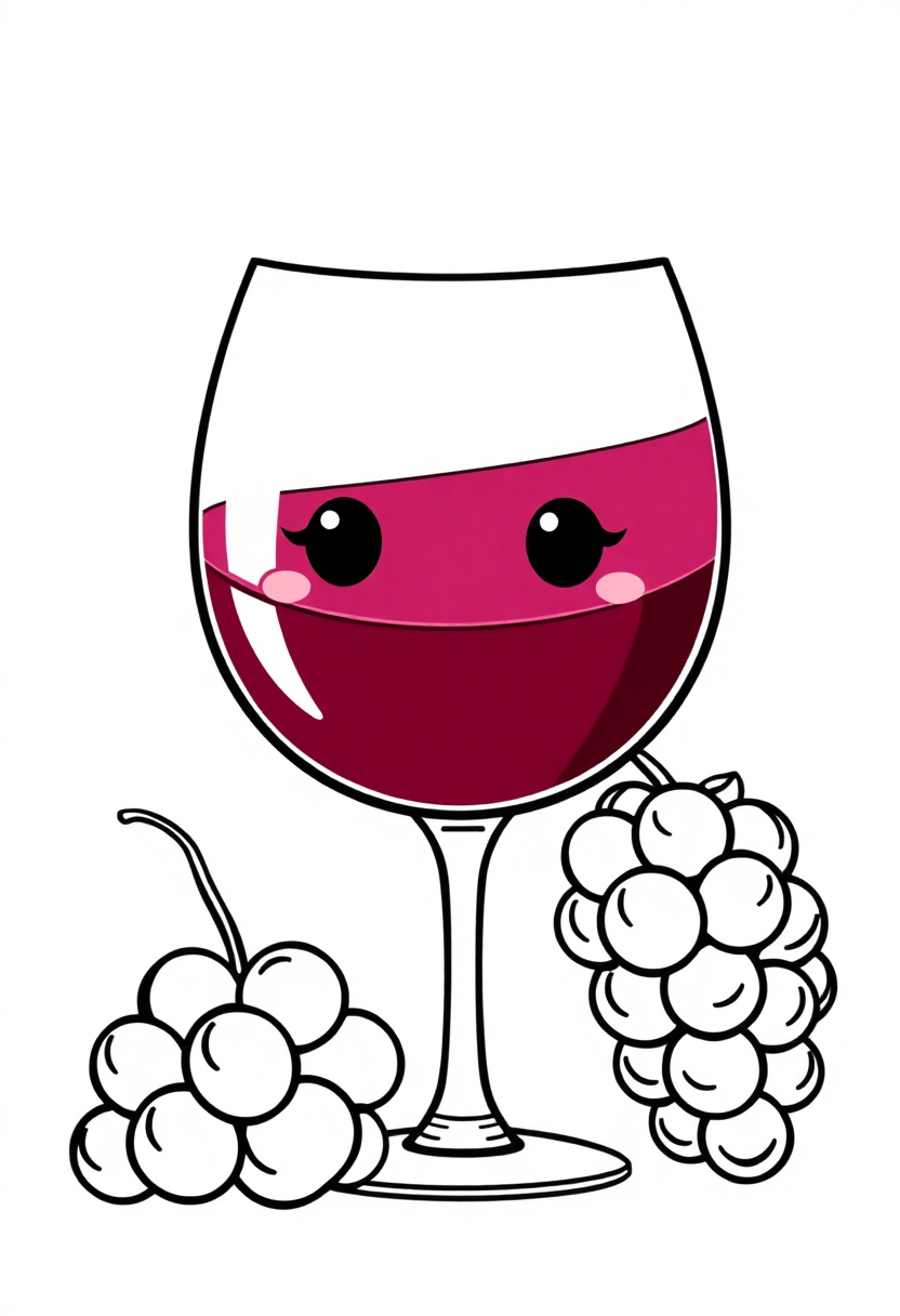 Wine glass and grapes coloring page with bold black outlines showing an elegant wine glass next to grape cluster