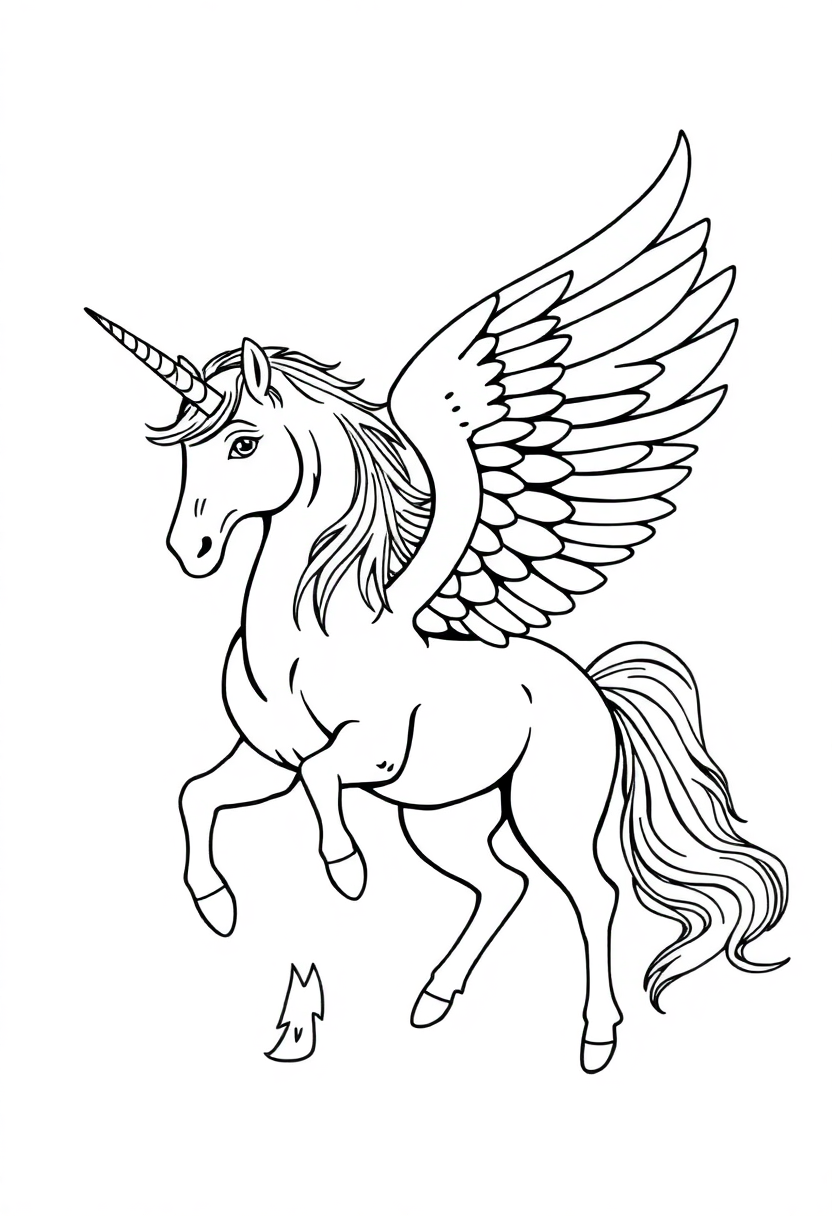 Winged Unicorn Pegasus coloring page, free printable