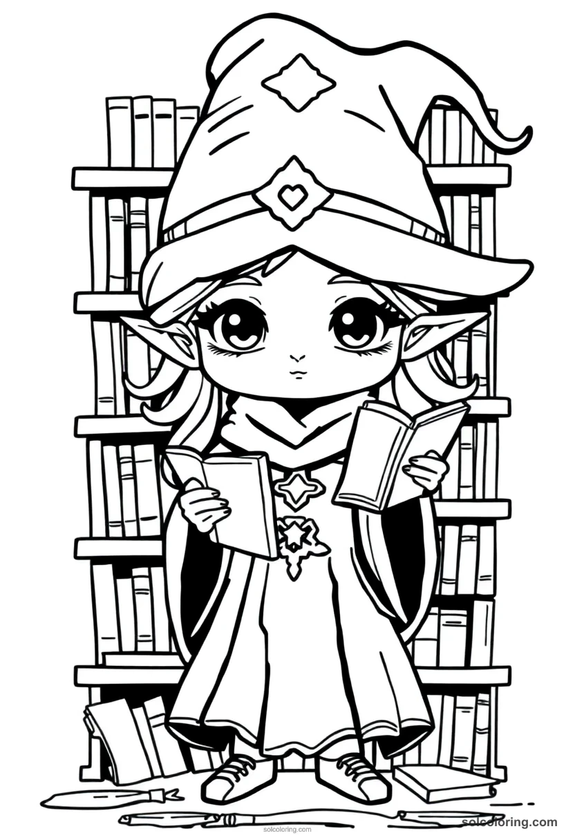 Wise Librarian Witch Surrounded By Shelves of Spell Tomes chibi coloring page for kids