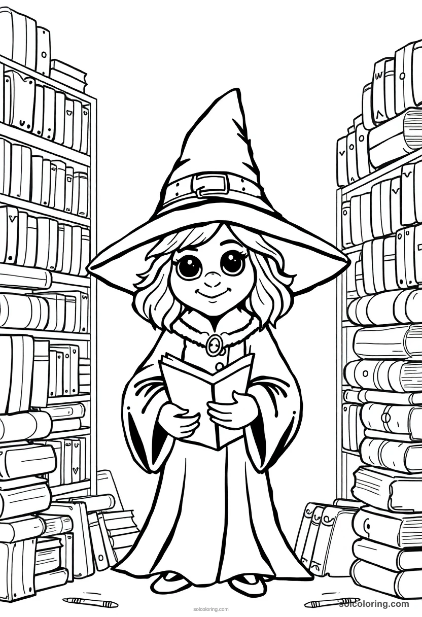 Wise Librarian Witch Surrounded By Shelves of Spell Tomes cute cartoon coloring page for kids