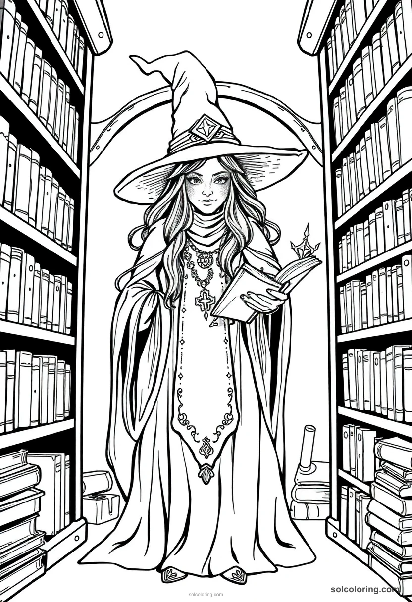 Wise Librarian Witch Surrounded by Shelves of Spell Tomes detailed coloring page for kids