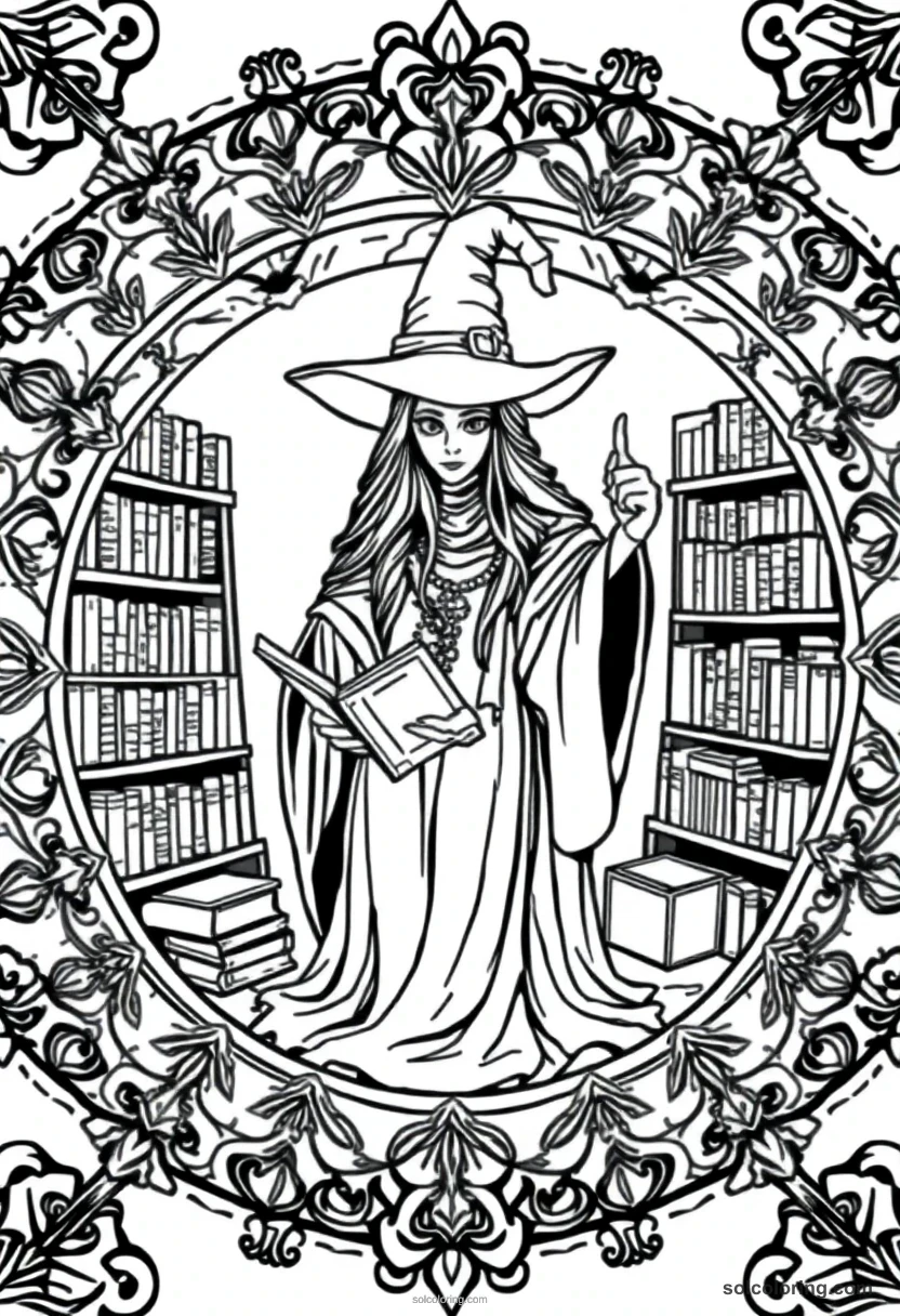 Mandala Wise Librarian Witch Surrounded by Shelves of Spell Tomes mandala coloring page for kids