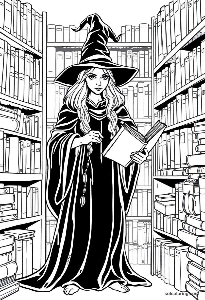 Wise Librarian Witch Surrounded by Shelves of Spell Tomes