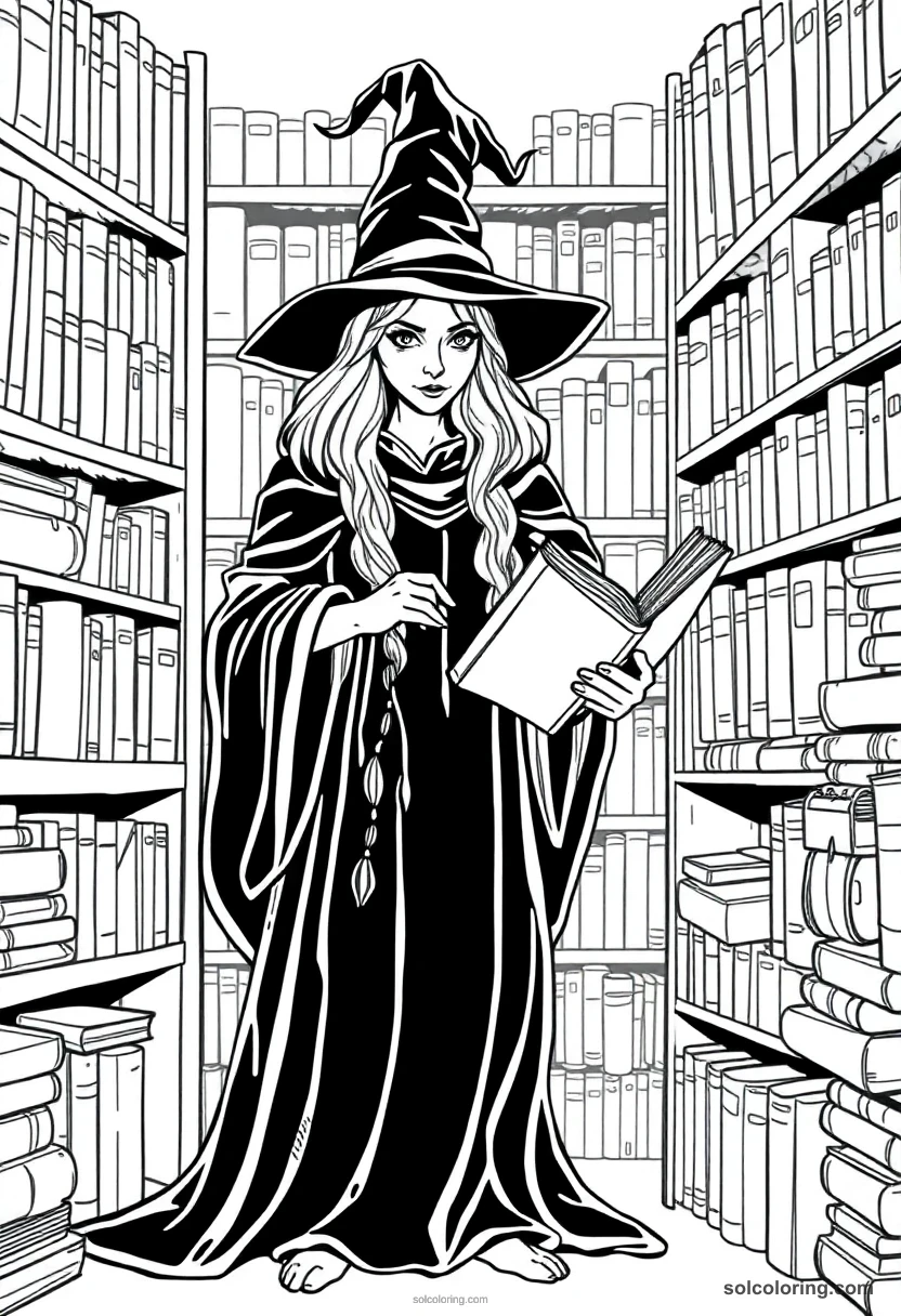 Wise Librarian Witch Surrounded By Shelves of Spell Tomes coloring page for kids