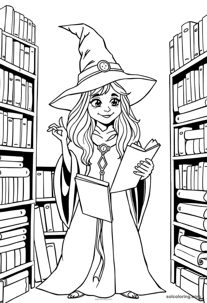 Wise Librarian Witch Surrounded By Shelves of Spell Tomes simple coloring page for kids