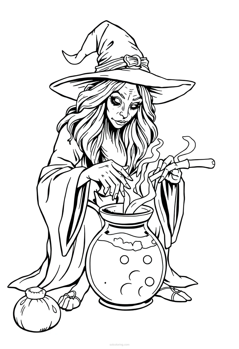 Witch Brewing Potion coloring page for kids