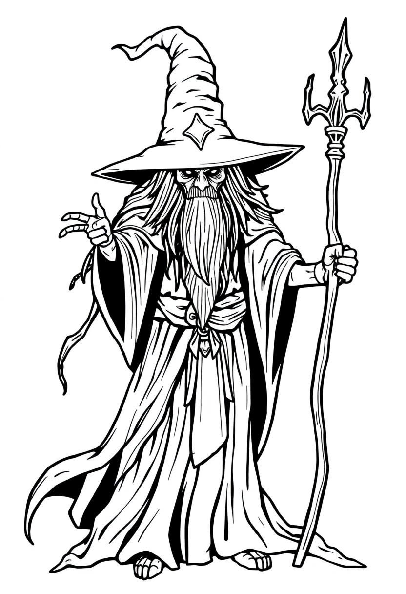 Witch doctor coloring page with mandala patterns, magical symbols, tribal mask, and healing elements in bold outlines