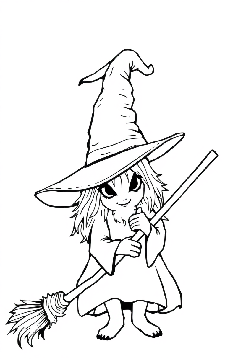 Witch Hat and Broomstick coloring page for kids