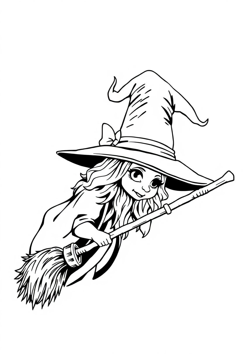Witch Hat and Broomstick coloring page for kids