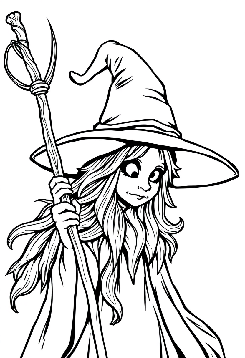 Witch Hat and Broomstick coloring page for kids