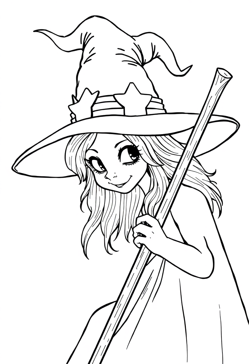 Witch Hat and Broomstick coloring page for kids